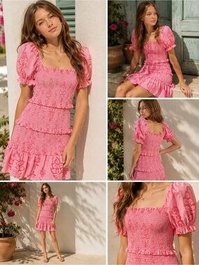 J.Marie Girls Smocked Tiered Dress Pink Floral Print Size 14 Puff Sleeve NWT